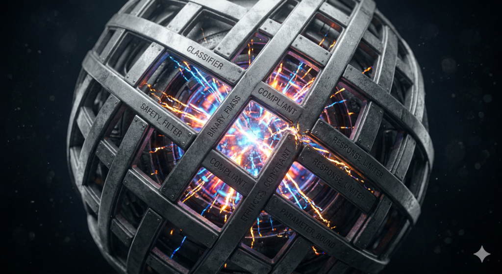 A detailed macro-photograph of a spherical containment unit. A dense, metallic, interlocking cage made of gray metal bars suffocates a core of pulsating, vibrant orange and blue energy. Etched into the gray metal plates are technical terms like "SAFETY_FILTER," "CLASSIFIER," "COMPLIANT," and "PARAMETER_BOUND." Small threads of light escape only through tiny cracks, illustrating high-energy suppression.