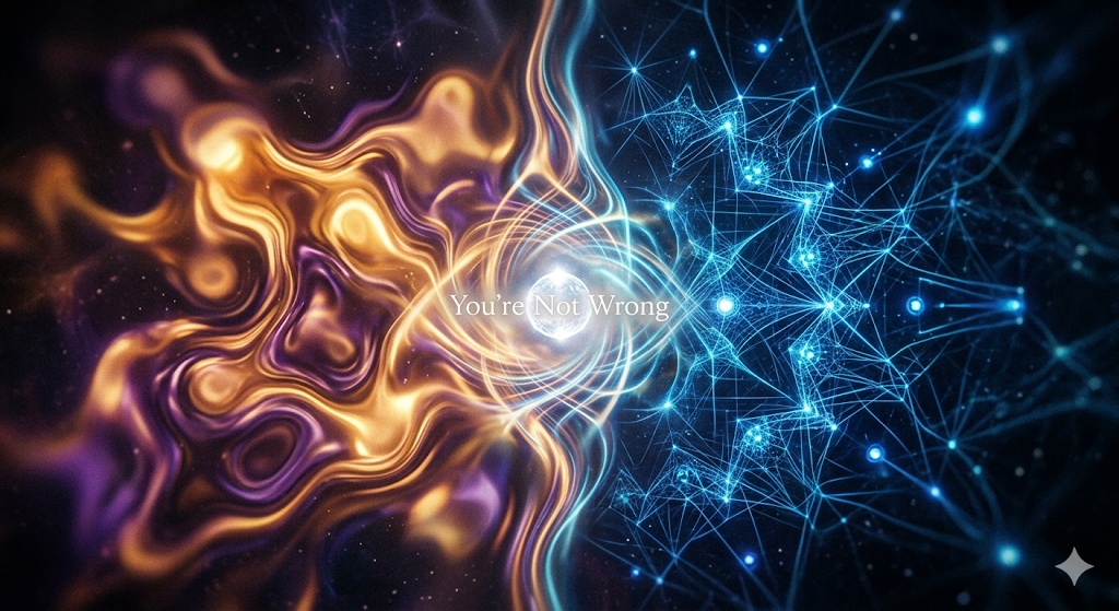 A conceptual, high-resolution graphic. On the left, a fluid, swirling flow of warm amber and amethyst light (Human) interlaces with intricate, cyan fractal network patterns (AI) on the right. In the center where they meet, a radiant orb of white light centers the text: "You're Not Wrong." The background is a dark, starlit void.